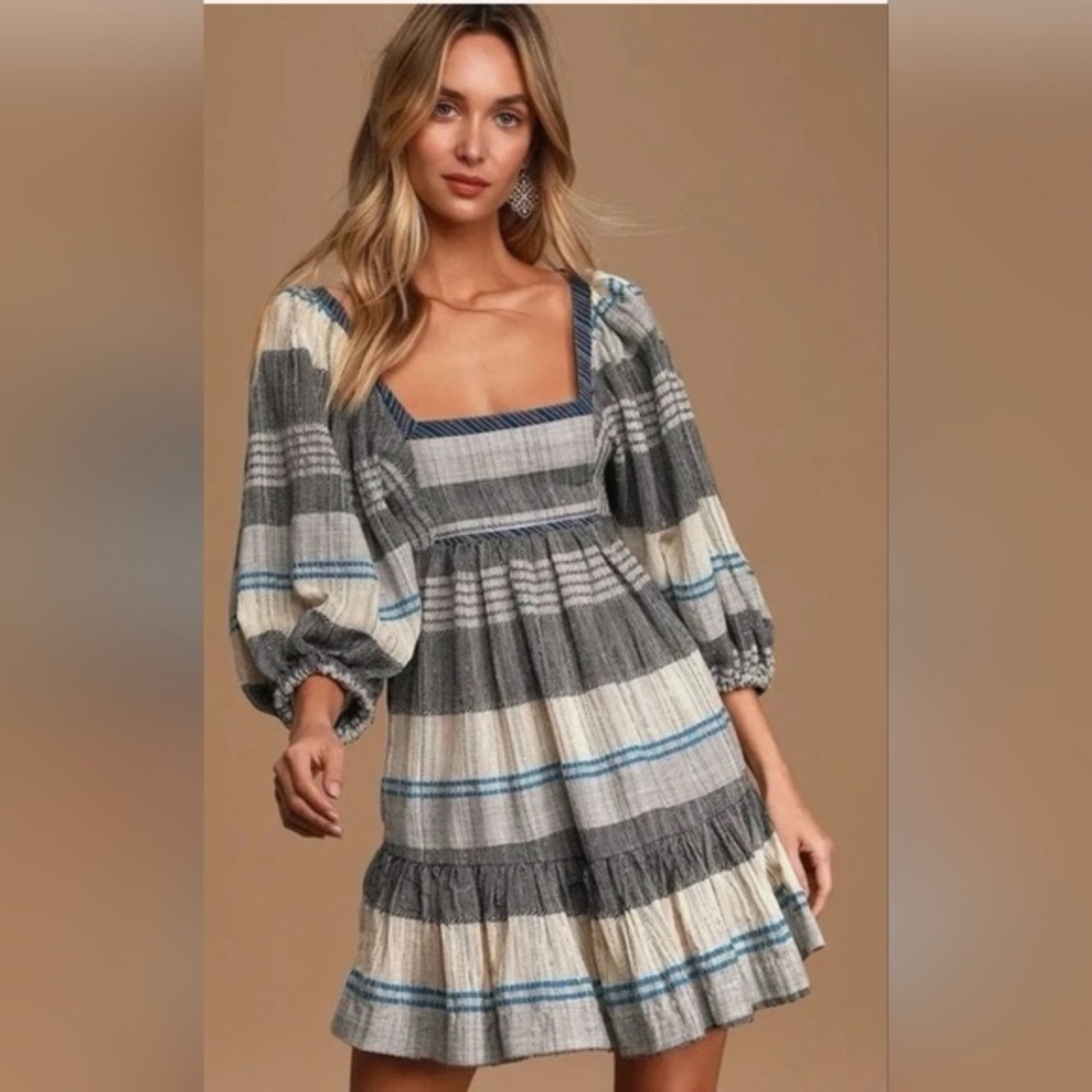 Free People All Lined Up Blue Multi Striped Puff Sleeve Mini Dress